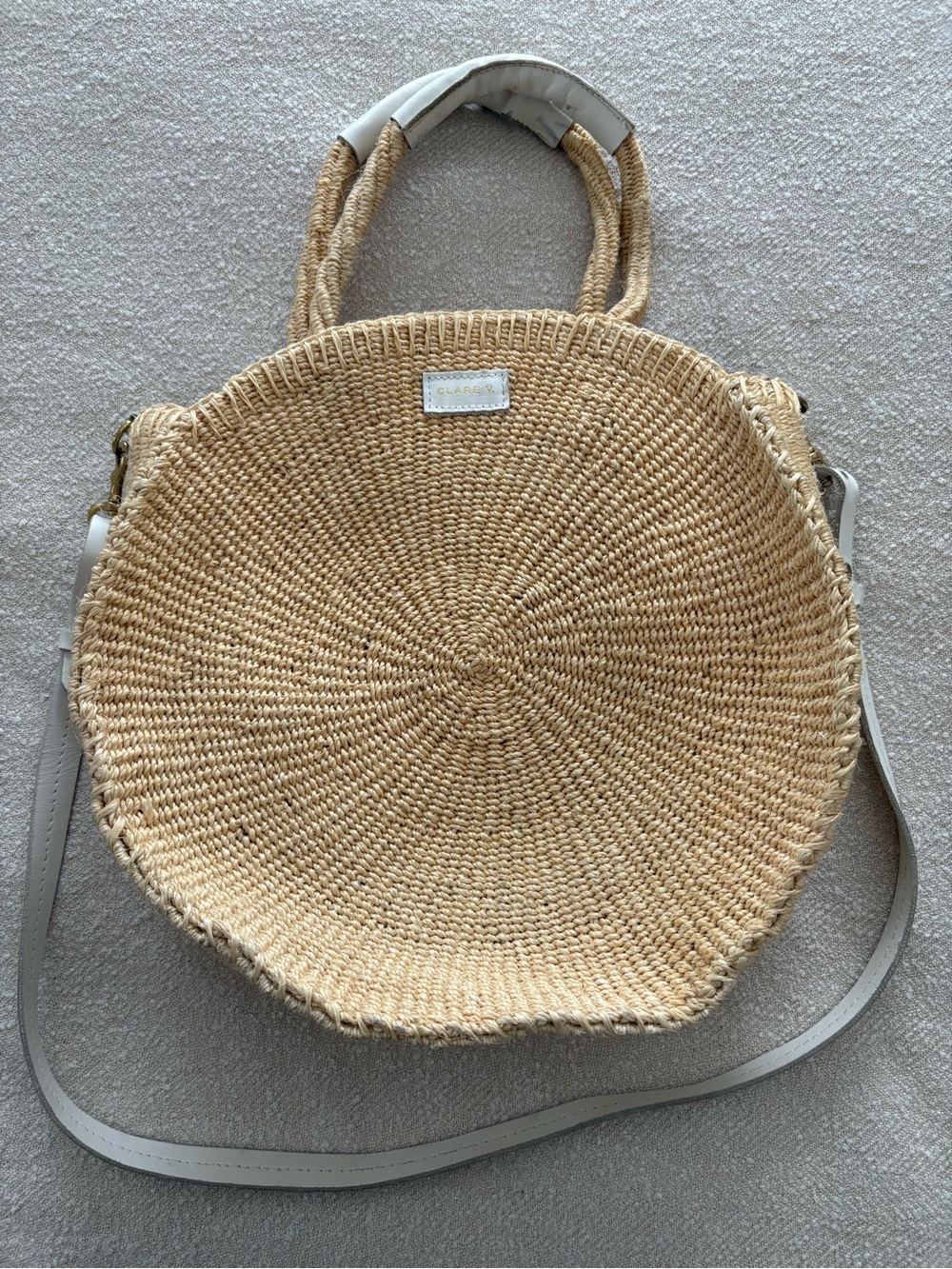 Clare V Natural Round Wicker Tote with White Leather Trim